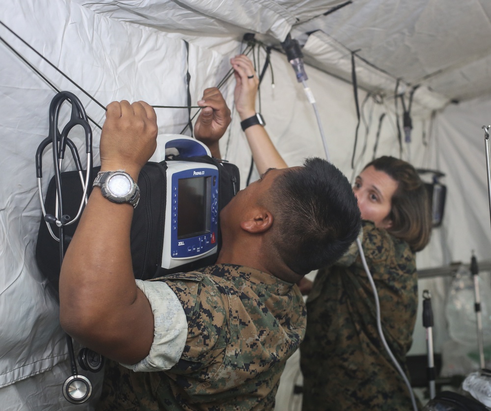 U.S. Navy Sailors of the forward resuscitative surgical system conduct full medical performance rehearsal for SPMAGTF-CR-AF 20.1