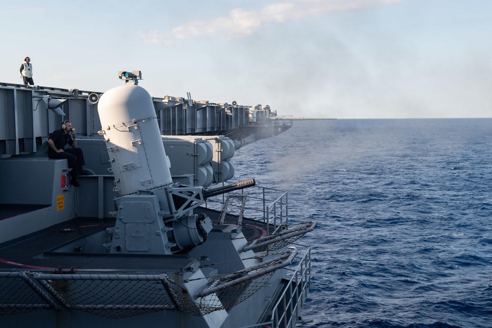 The aircraft carrier USS John C. Stennis (CVN 74) fires a Phalanx close-in weapons system (CIWS)