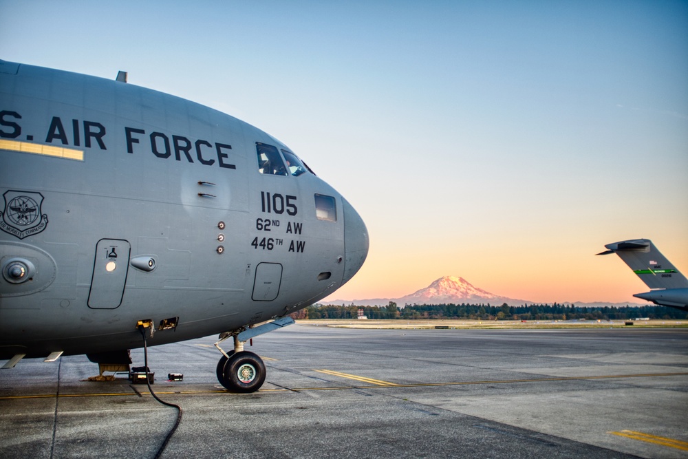 C-17 on McChord Flight Line with Mt. Rainer in the distance