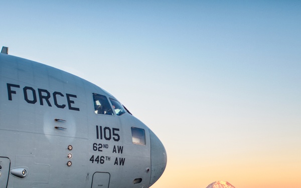 C-17 on McChord Flight Line with Mt. Rainer in the distance