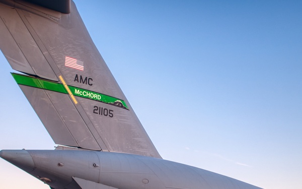 A C-17 on the McChord Flight Line with Mt. Rainer
