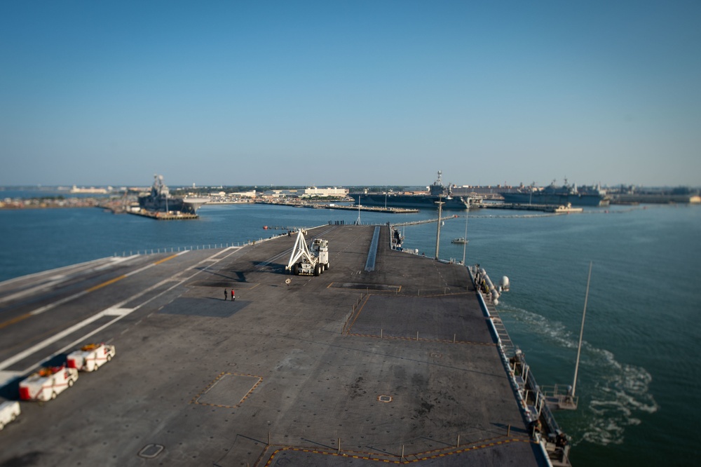 A U.S. Ship prepares to pull into port