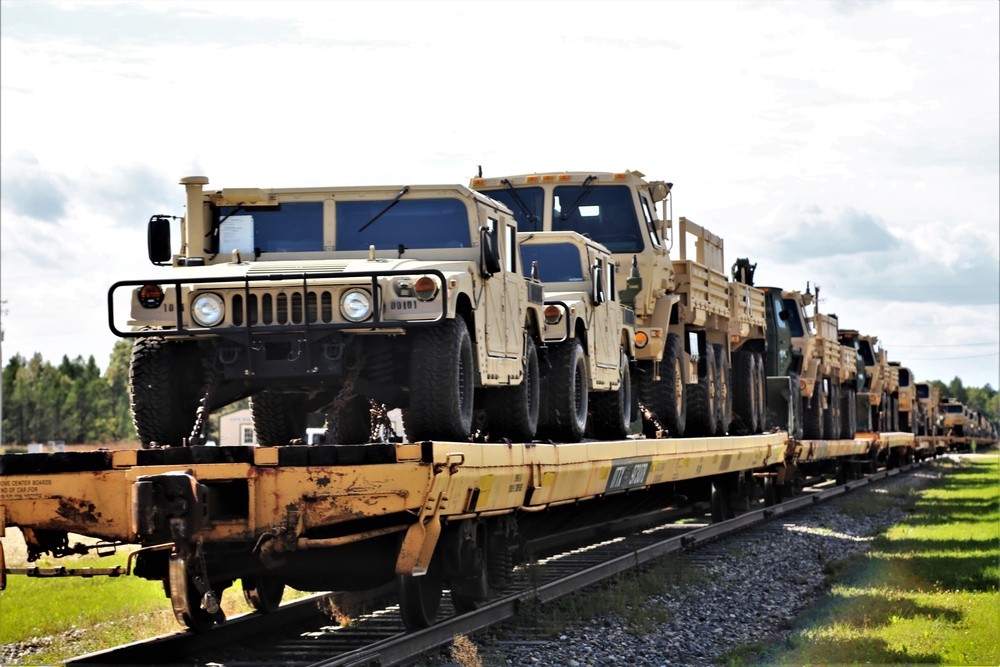 Engineer unit's equipment loaded on railcars at Fort McCoy for deployment