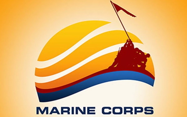 This is a promotional logo for the 'Marine Corps Energy' initiative with the tagline 'Do Your Part.' The design incorporates a stylized sunrise/sunset with flowing wave bands in yellow, orange, red, and blue, overlaid with a silhouette referencing the iconic Iwo Jima flag-raising image. The logo combines military heritage imagery with energy conservation messaging.