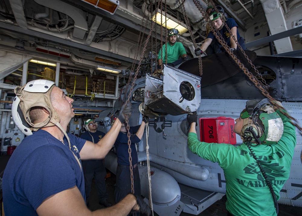 USS Normandy Sailors Remove APU From MH-60R Sea Hawk Helicopter