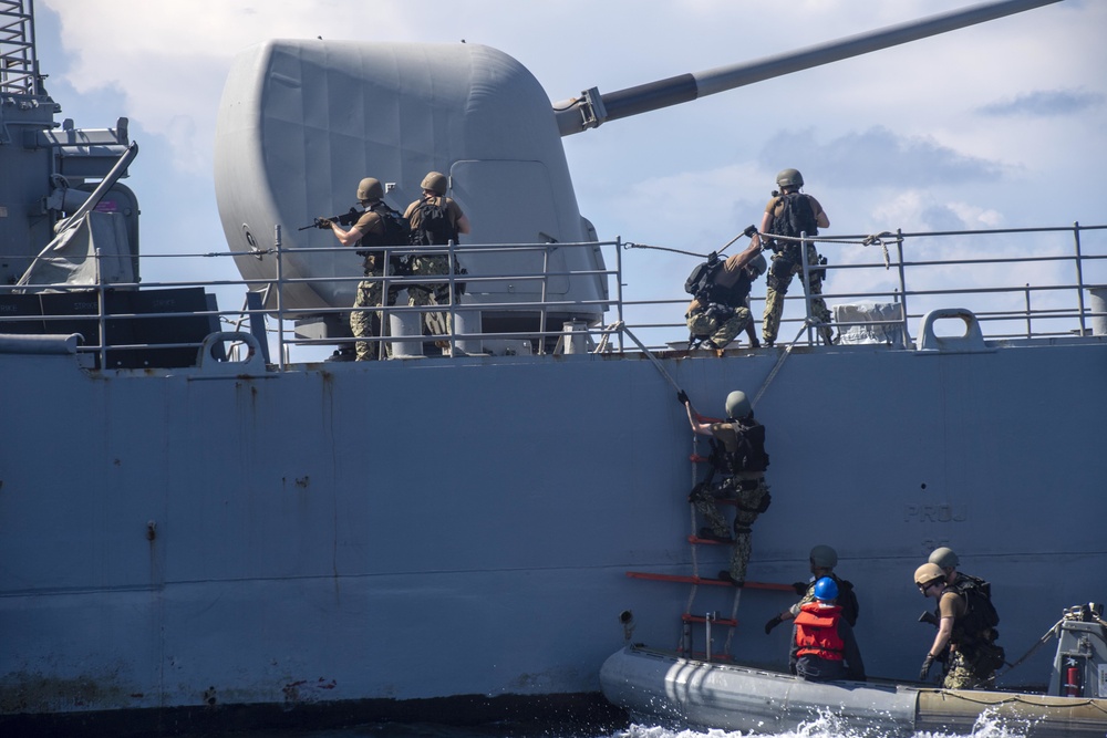 USS Antietam (CG 54), Special Boat Team 12 and EOD Mobile Unit 5 conduct a VBSS training exercise