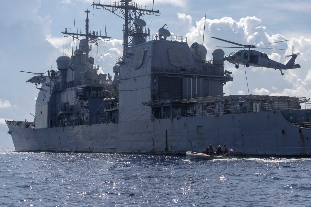 USS Antietam (CG 54), Special Boat Team 12 and EOD Mobile Unit 5 conduct a VBSS training exercise