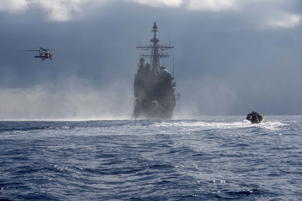 USS Antietam (CG 54), Special Boat Team 12 and EOD Mobile Unit 5 conduct a VBSS training exercise