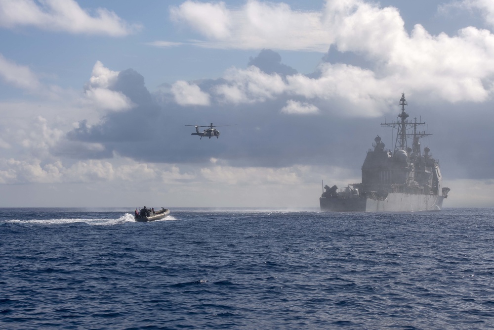 USS Antietam (CG 54), Special Boat Team 12 and EOD Mobile Unit 5 conduct a VBSS training exercise