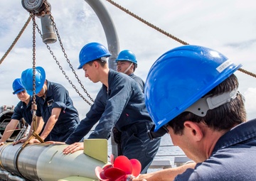 Sailors Aboard USS Milius (DDG 69) Load Mark 46 Torpedos into Mark 32 Surface Vessel Torpedo Tubes