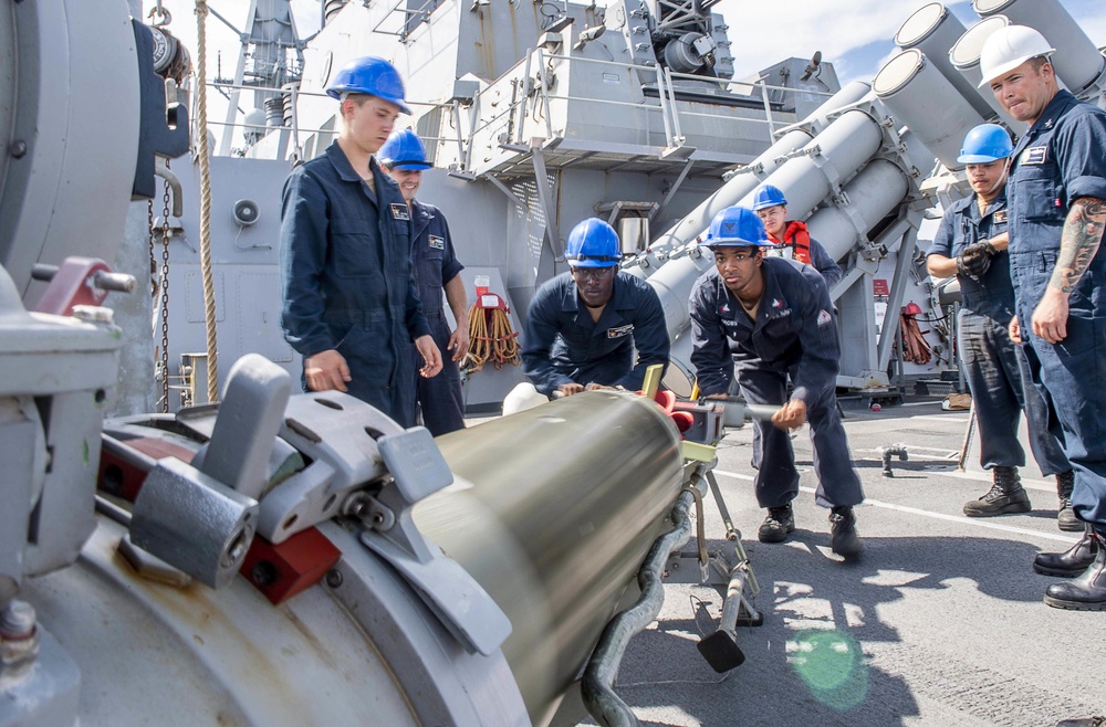 Sailors Aboard USS Milius (DDG 69) Load Mark 46 Torpedos into Mark 32 Surface Vessel Torpedo Tubes