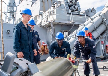 Sailors Aboard USS Milius (DDG 69) Load Mark 46 Torpedos into Mark 32 Surface Vessel Torpedo Tubes