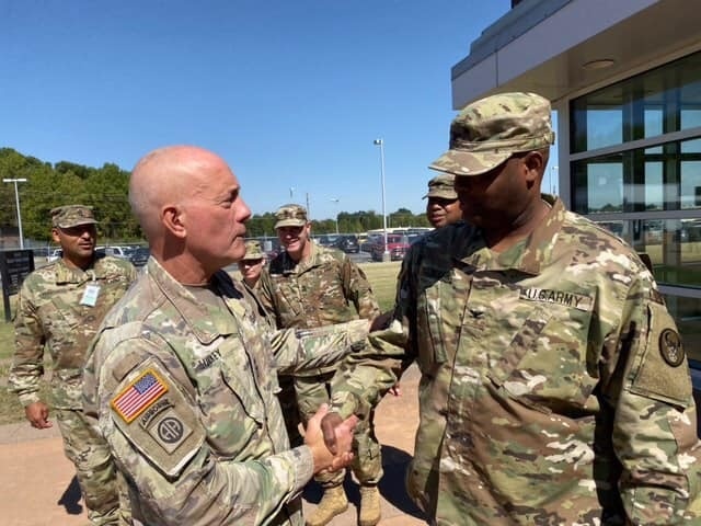 Commanding General of the United States Army Reserve Command, Lieutenant General Charles Luckey, visits the Soldiers of the 518th Sustainment Brigade