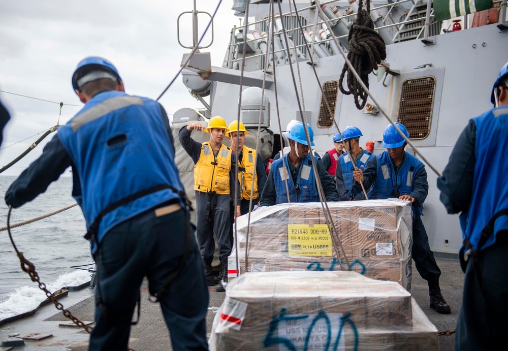 USS Milius (DDG 69) Conducts a Replenishment-at-Sea with USNS Pecos (T-AO 197)
