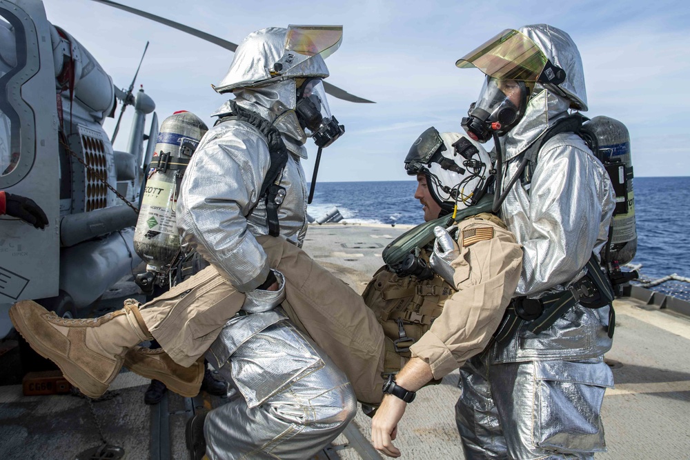 USS Normandy Sailors Participate In Aircraft Firefighting Drill