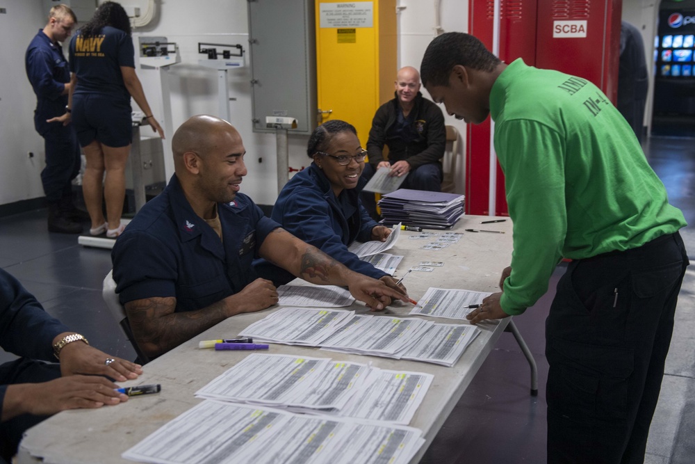 USS America Sailors participate in body composition assessment