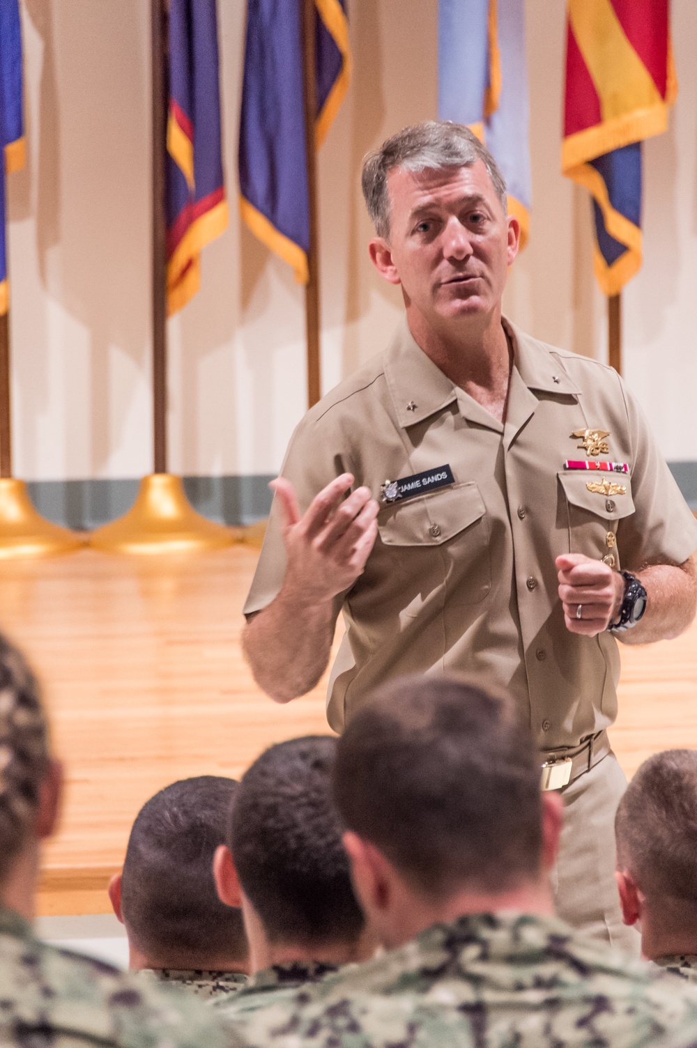 191010-N-TE695-0001 NEWPORT, R.I. (Oct. 10, 2019) -- Naval Service Training Command Commander speaks to Officer Training Command