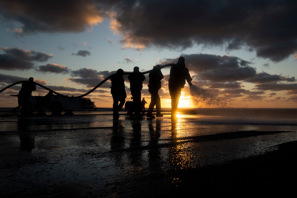 Nimitz Sailors Clean the Flight Deck