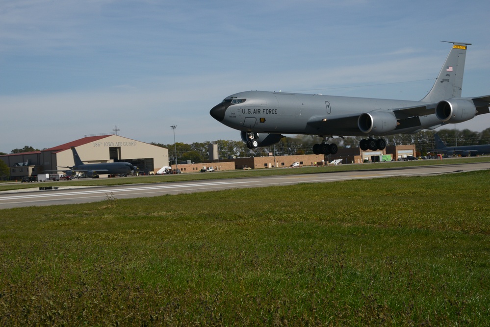 KC-135 lands with hangar