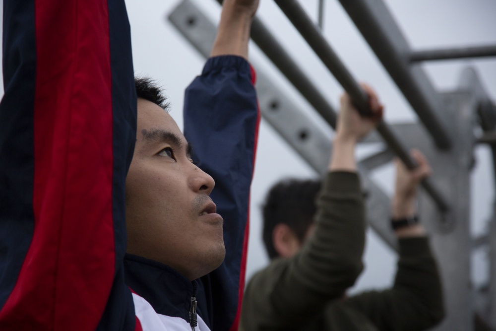 JGSDF service members execute Marine Corps physical training