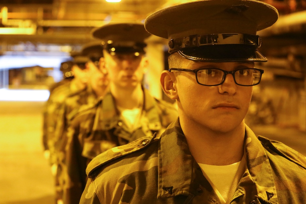 Marines practice drill during Ceremonial Drill School