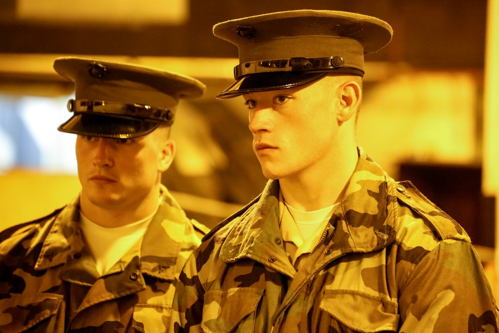 Marines practice drill during Ceremonial Drill School