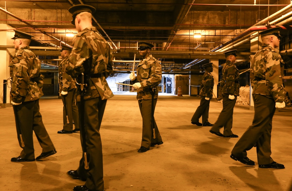 Marines practice drill during Ceremonial Drill School