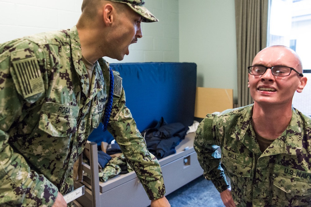 191017-N-TE695-0001 NEWPORT, R.I. (Oct. 17, 2019) – Navy Officer Candidate School conducts Room, Locker, Personnel (RLP) inspection