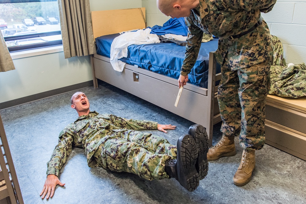 191017-N-TE695-0006 NEWPORT, R.I. (Oct. 17, 2019) – Navy Officer Candidate School conducts Room, Locker, Personnel (RLP) inspection