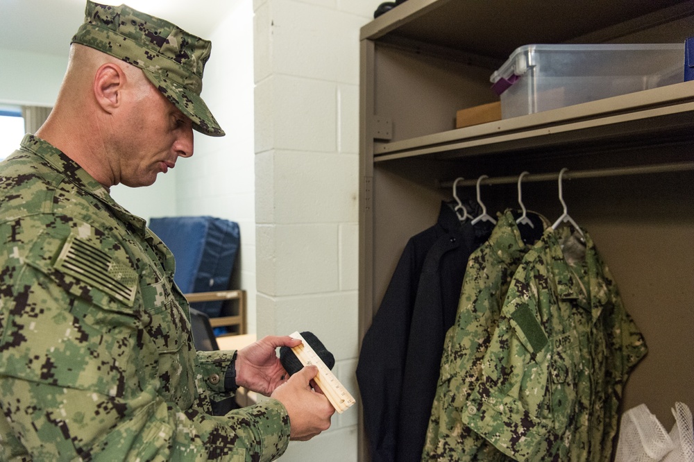191017-N-TE695-0010 NEWPORT, R.I. (Oct. 17, 2019) – Navy Officer Candidate School conducts Room, Locker, Personnel (RLP) inspection