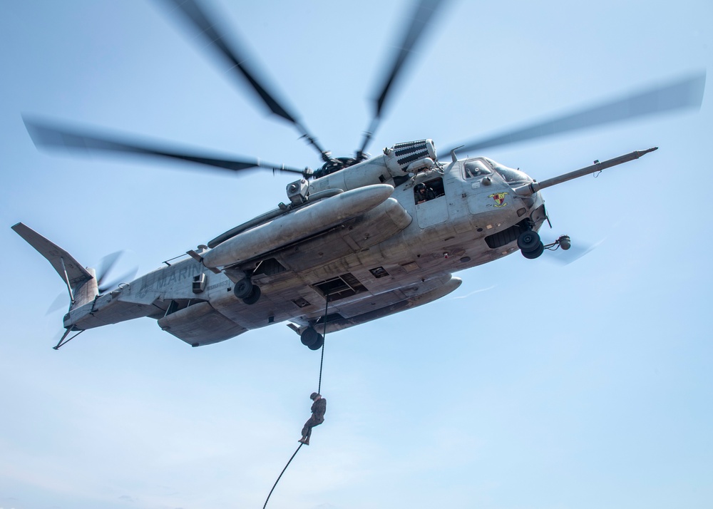 Kilo Company, Battalion Landing Team 3/5 fast-roping on the USS Boxer