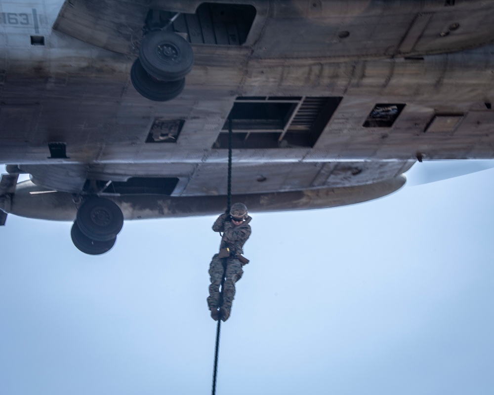 Kilo Company, Battalion Landing Team 3/5 fast-roping on the USS Boxer