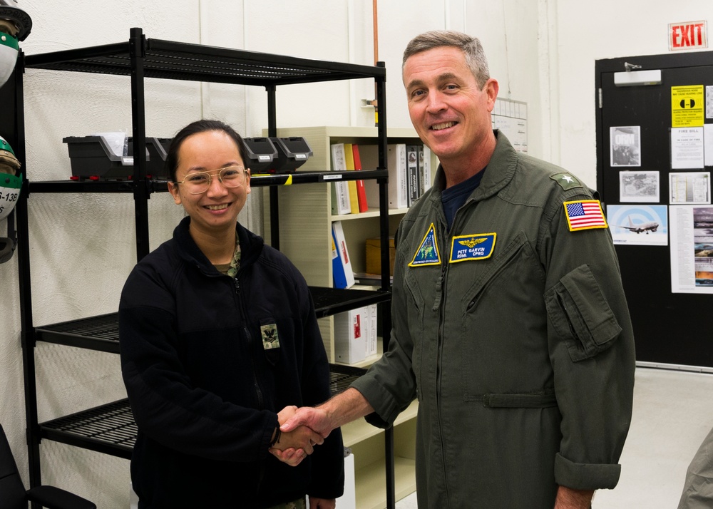 Rear Admiral Peter Garvin, commander, Patrol Reconnaissance Group. visits with Patrol Squadron 46