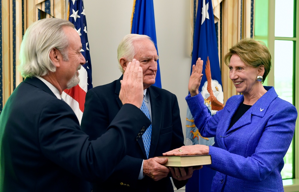 Barbara Barrett takes the administrative oath of office as the 25th Secretary of the Air Force