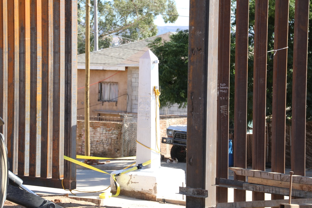 Southern border monument at U.S. Army Corps of Engineers Task Force Barrier project site San Diego 11 near Tecate, Calif.