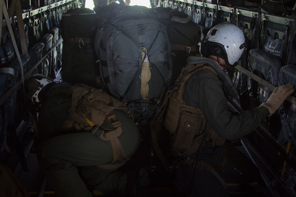 31st MEU Marines drop Joint Precision Airdrop System with MV-22B Ospreys