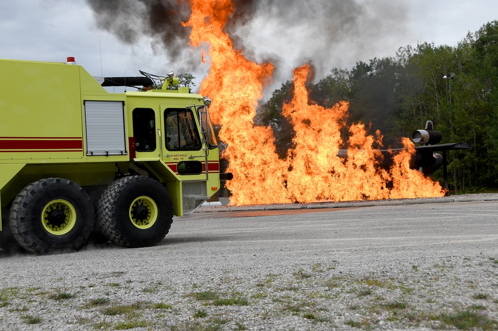 178 CES firefighters practice putting out airplane fires