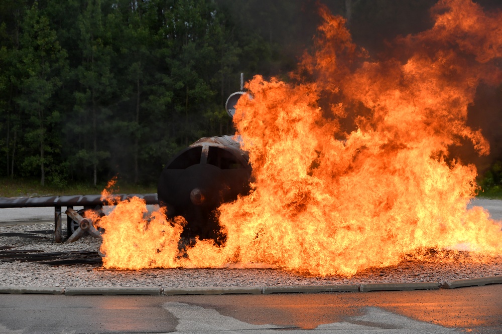 178 CES firefighters practice putting out airplane fires