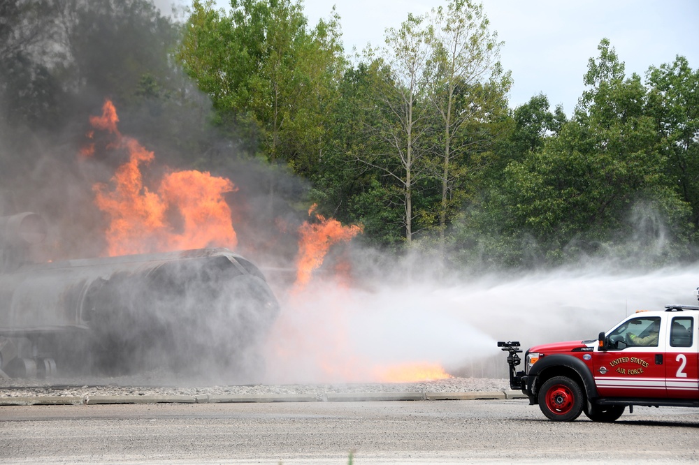 178 CES firefighters practice putting out airplane fires