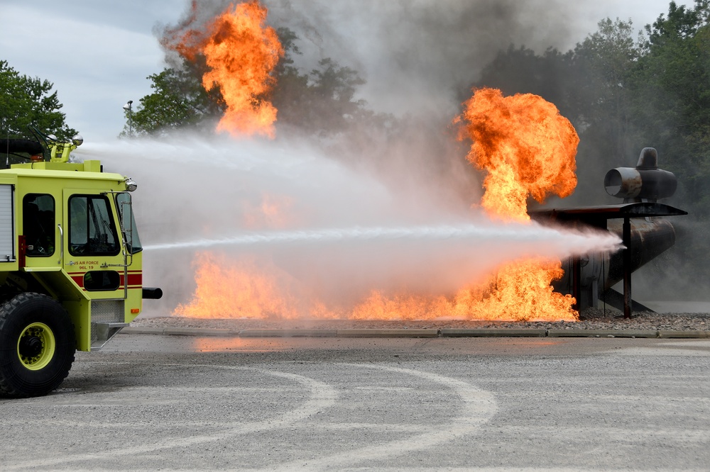 178 CES firefighters practice putting out airplane fires