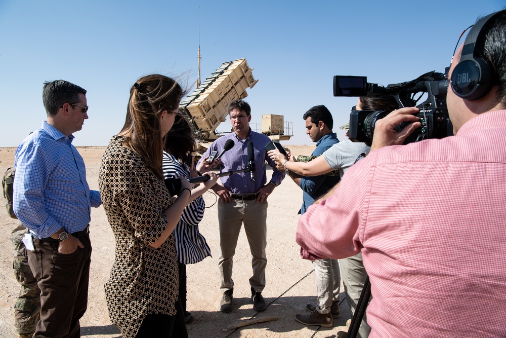 Defense Secretary Mark T. Esper speaks with members of the press In Saudi Arabia