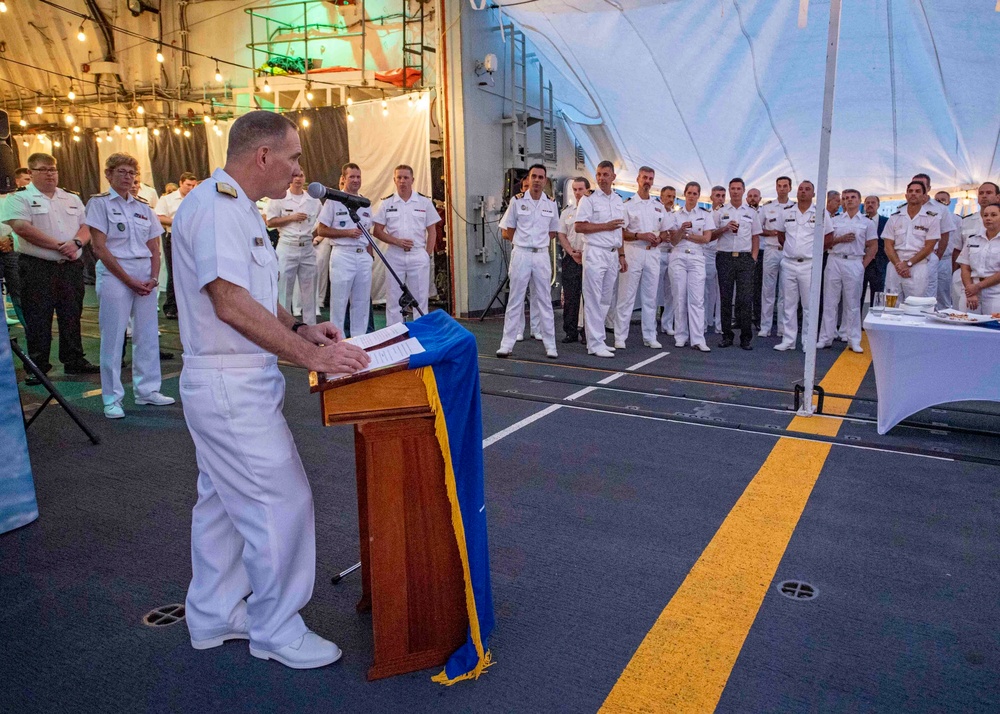 Rear Adm. Edward Cashman Delivers a Speech Aboard HMCS Halifax