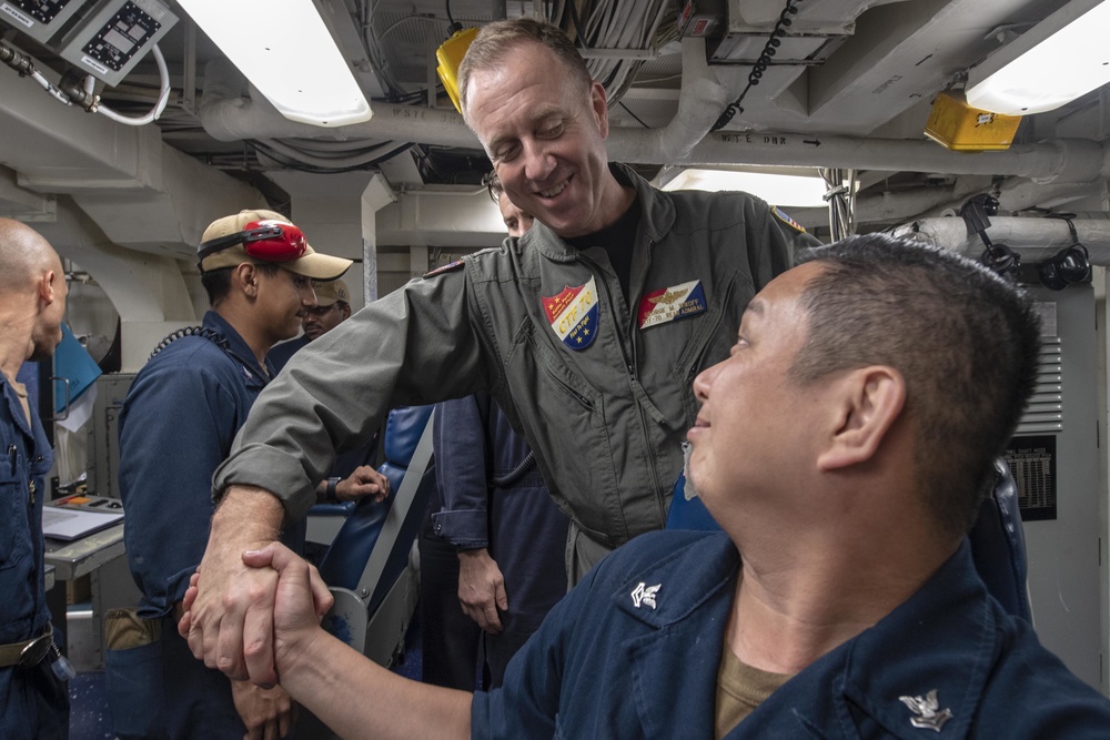 Rear Admiral Wikoff, commander, Task Force SEVEN ZERO (CTF 70) speaks with Sailors aboard USS Antietam (CG 54)