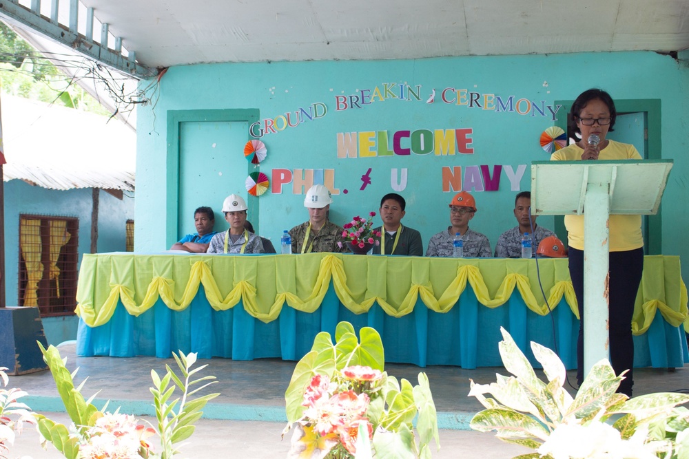 NMCB-5 attends the Sama Sama Children's Learning Center groundbreaking ceremony at Kamuing Elementary School in Palawan, Philippines