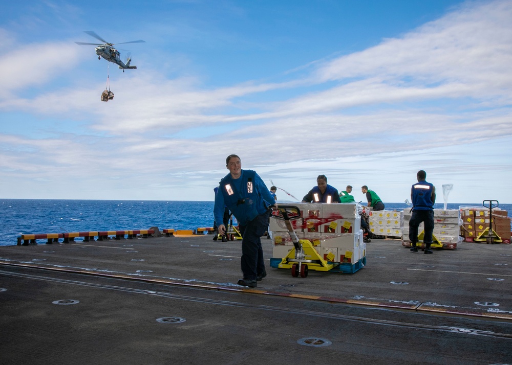 USS Bataan conducts Vertical Replenishing at sea during COMPTUEX