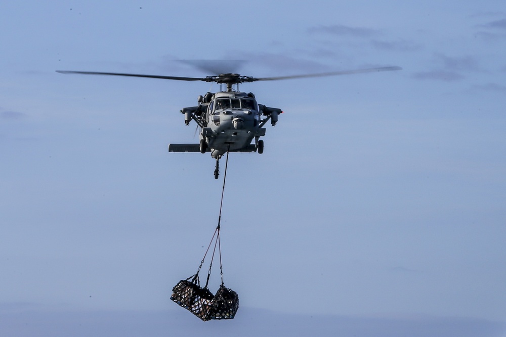 USS Bataan Conducts Vertical Replenishment at sea during COMPTUEX