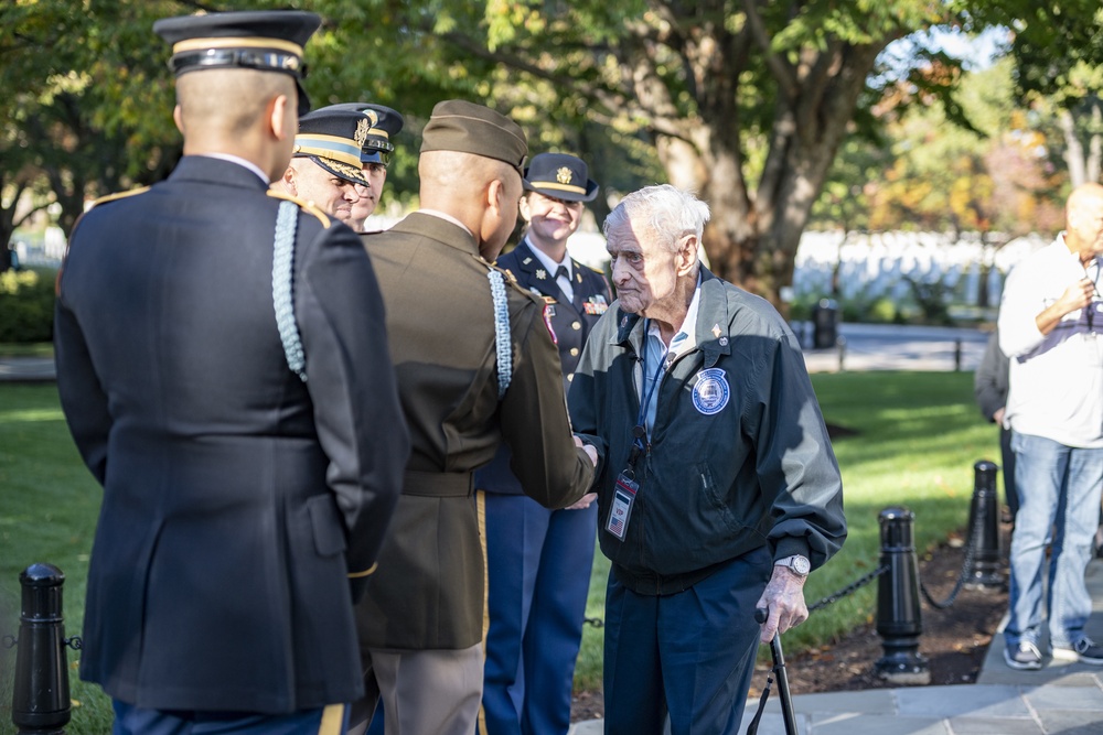 Jack Eaton, the Oldest Living Tomb Guard Sentinel at 100 years old, visits the Tomb of the Unknown Soldier at ANC