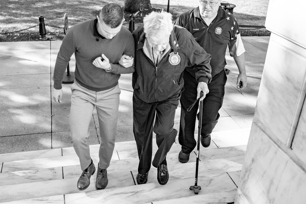 Jack Eaton, the Oldest Living Tomb Guard Sentinel at 100 years old, visits the Tomb of the Unknown Soldier at ANC