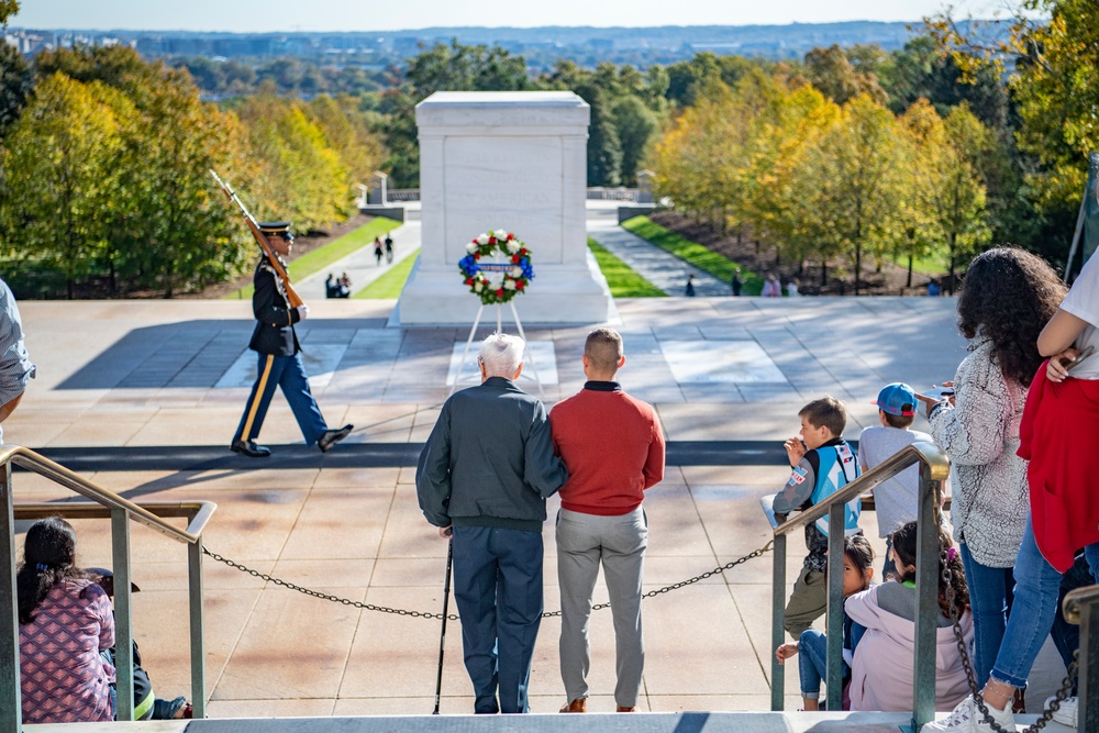 Jack Eaton, the Oldest Living Tomb Guard Sentinel at 100 years old, visits the Tomb of the Unknown Soldier at ANC