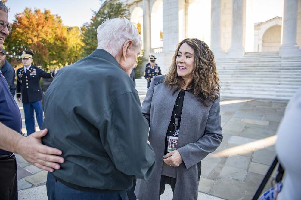 Jack Eaton, the Oldest Living Tomb Guard Sentinel at 100 years old, visits the Tomb of the Unknown Soldier at ANC